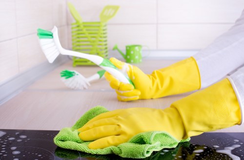 Team member upholding health and safety standards during carpet cleaning work